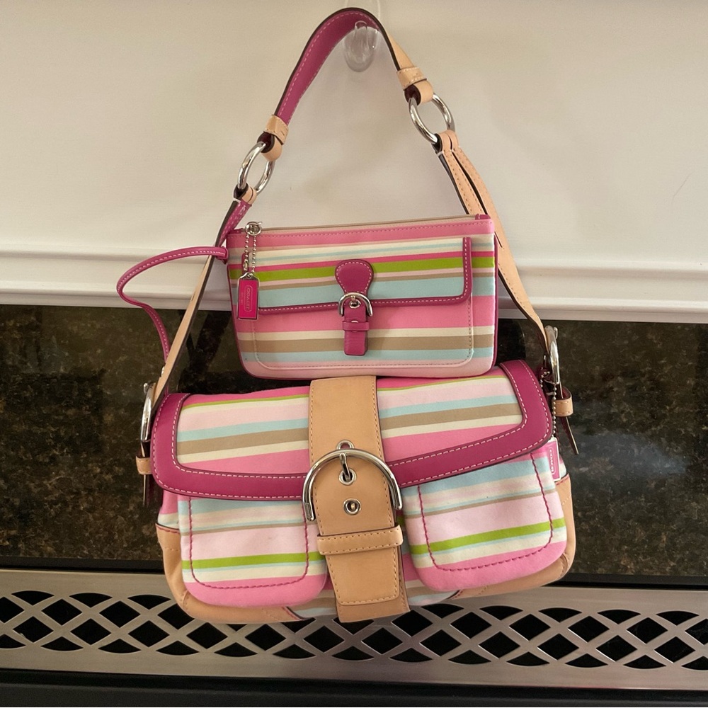 Coach Pink and Tan Shoulder Bag with Striped Design
